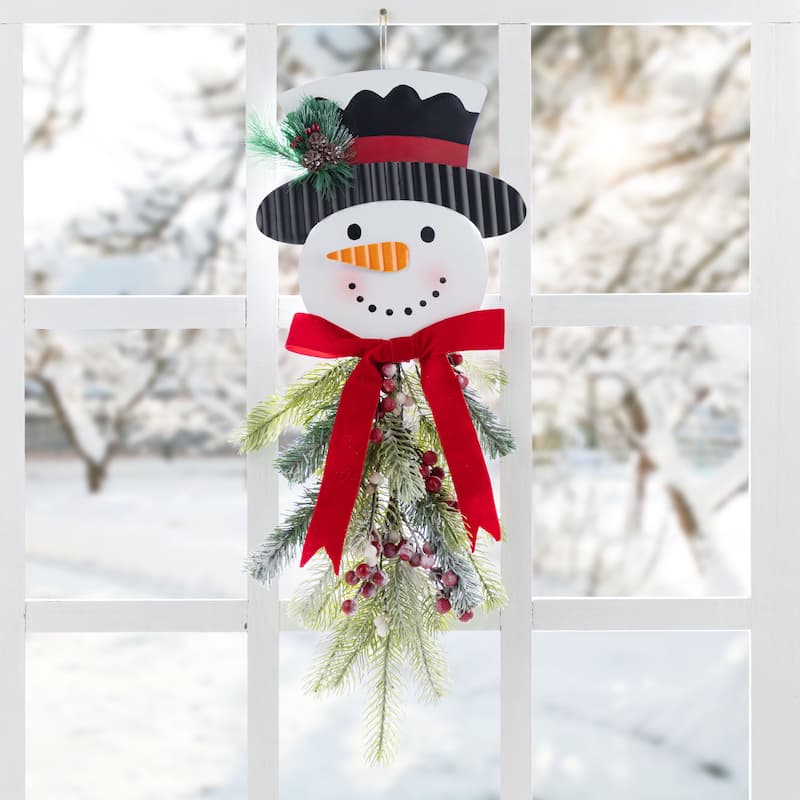 Glitzhome 25"H Greenery Floral Snowman Door Hanger Wall Hanging Decor