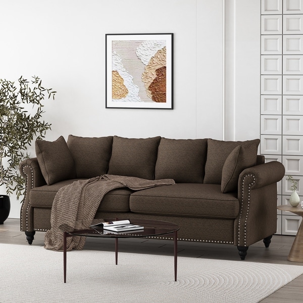 Manbow Fabric Pillowback 3 Seater Sofa with Nailhead Trim by Christopher Knight Home On Sale Bed Bath Beyond 36207847
