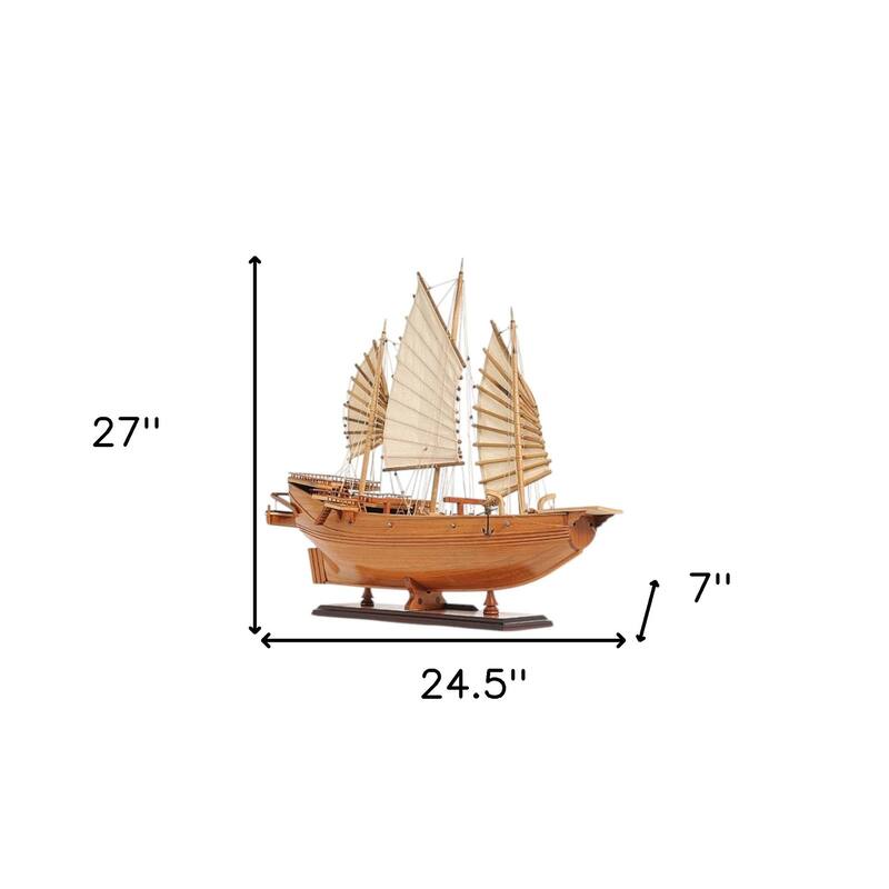 HomeRoots 25" Wood Brown Solid Wood Hand Painted Model Boat Tabletop Sculpture - 27' X '24.5' X '7