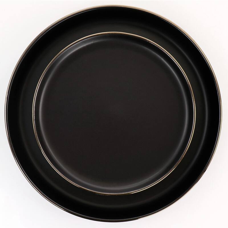 Elama Paul 16 Piece Stoneware Dinnerware Set in Matte Black with Gold Rim - 16 Piece Set