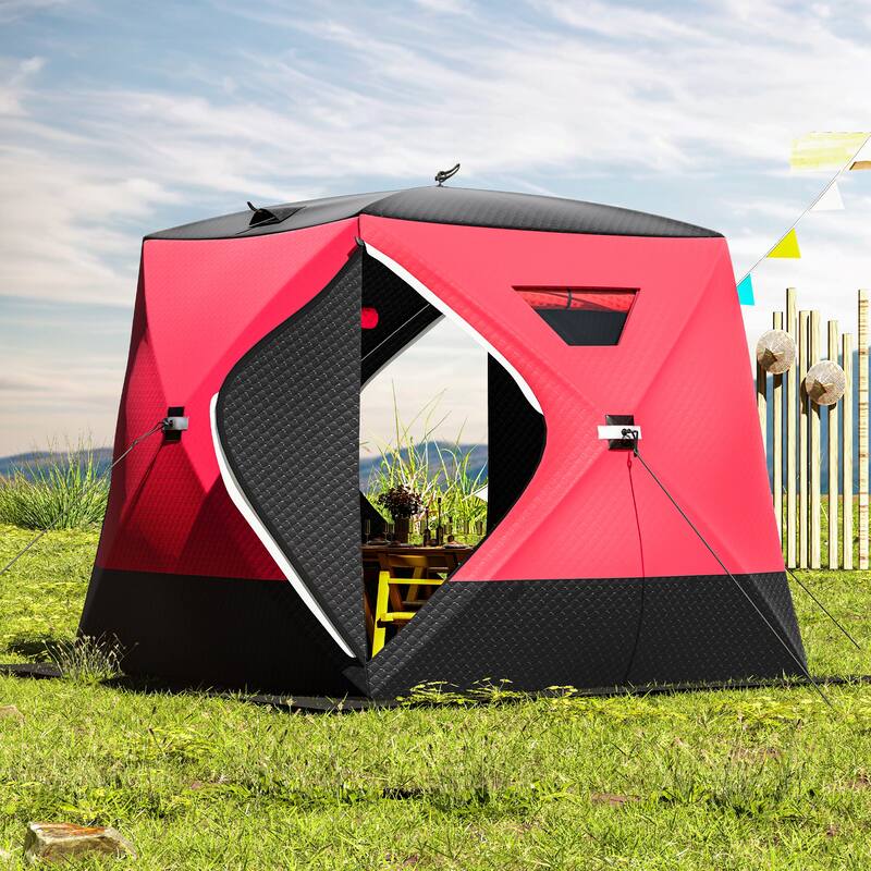 3-Layer Insulated Pop-up Canopy Portable Ice Shelter Ice Fishing Tent with 2 Doors and Carrying Bag - 7.9 ft - Red