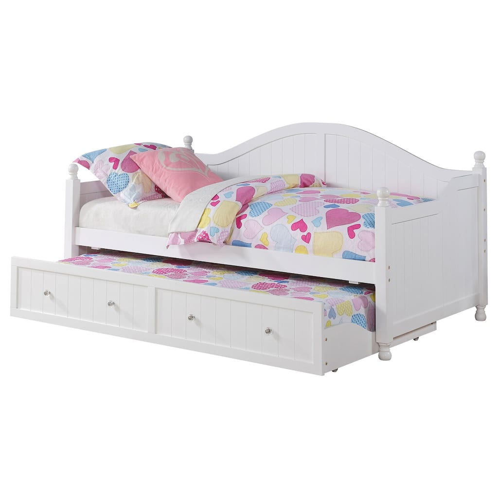 White Wood Daybed with Pull Out Trundle, Curved Back and Crystal Knob Accents for Compact Guestroom or Bedroom