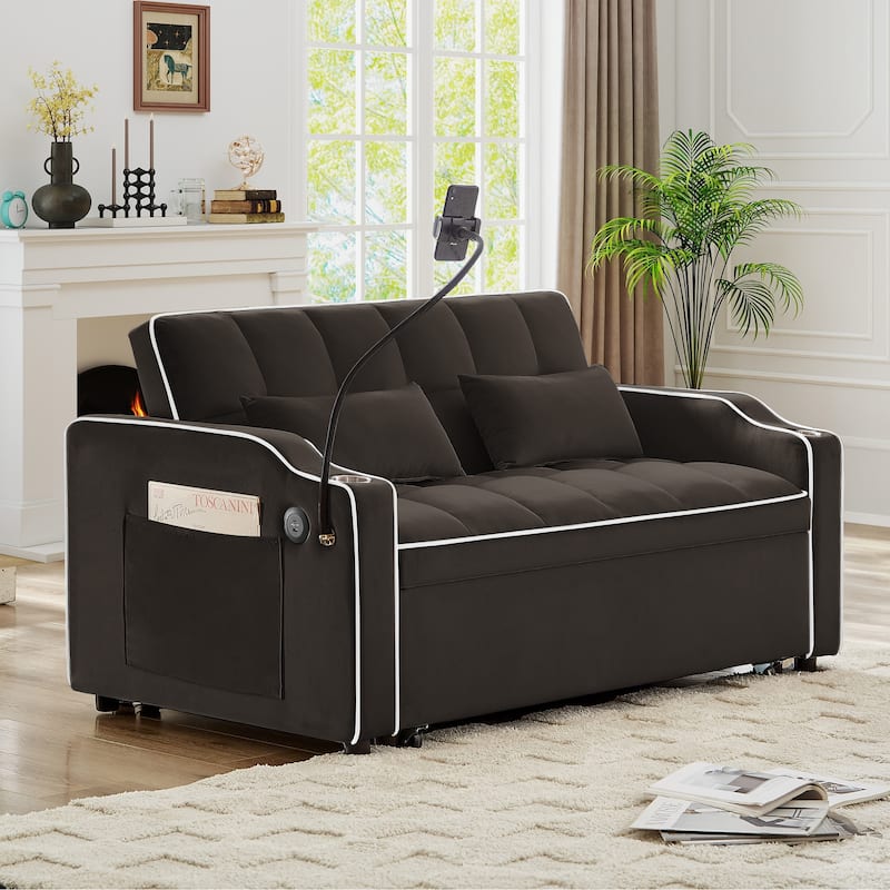 Convertible Sofa Bed Loveseat with Adjustable Backrest & Storage Pockets, Pull-Out Sleeper Sofa with USB Charging Ports - Brown