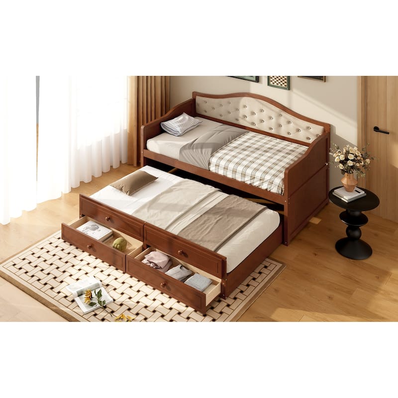 Twin Daybed with Trundle and Storage Drawers, Upholstered Button Tufted Sofa Bed for Living Room, Bedroom, Guest Room, Walnut