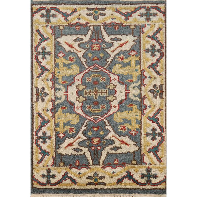 Blue Geometric Oushak Oriental Foyer Rug Handmade Wool Carpet - 2'0"x 3'0"