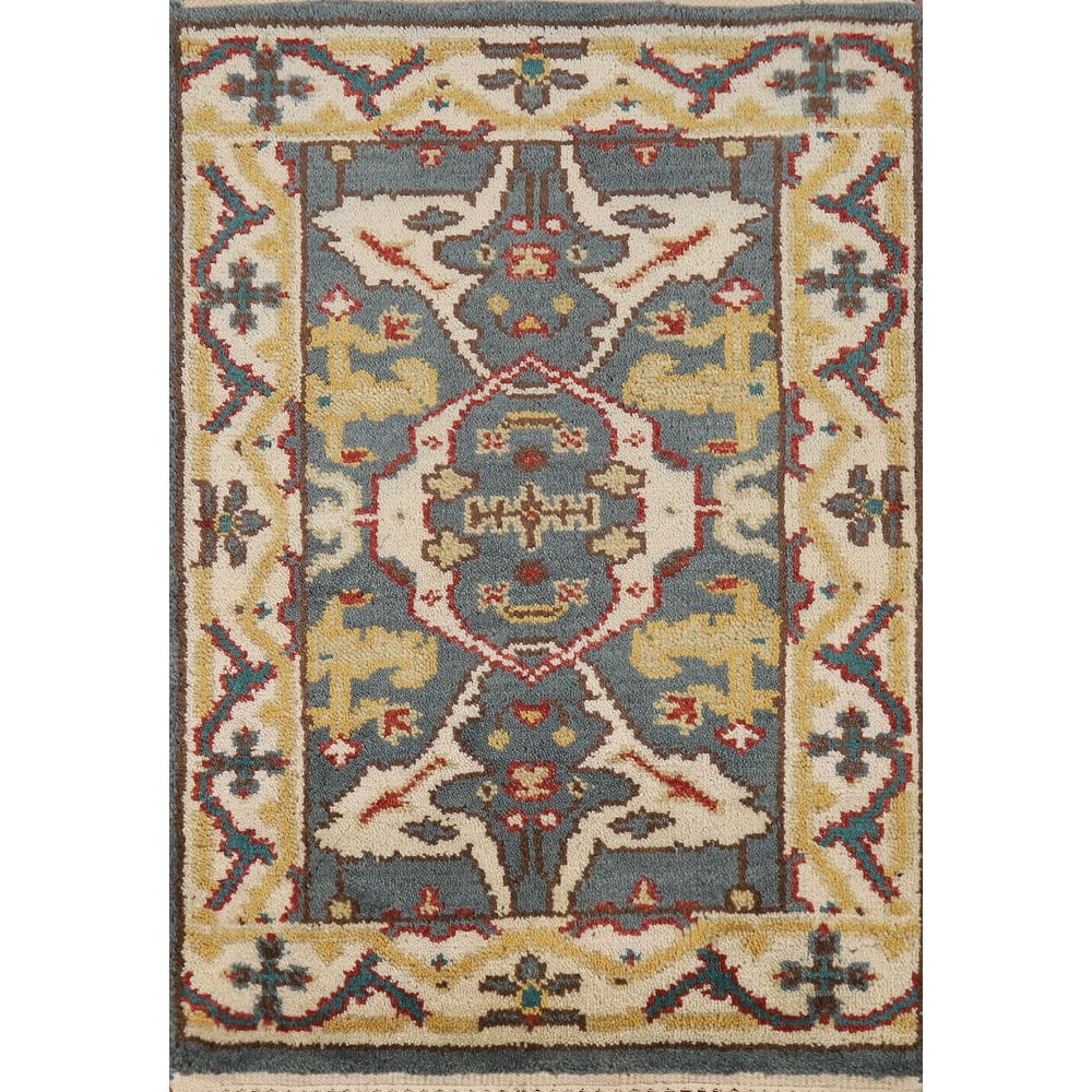 Blue Geometric Oushak Oriental Foyer Rug Handmade Wool Carpet - 2'0"x 3'0"