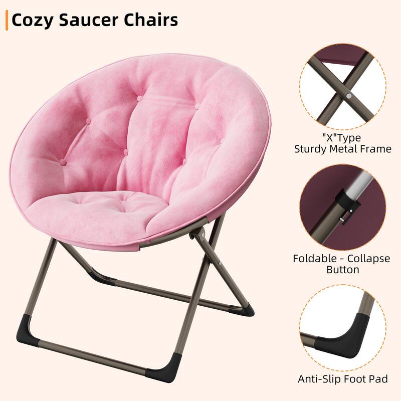 Comfy Folding Saucer Chair for Bedroom, Faux Fur Lounge Moon Chair with Sturdy Metal Frame, Oversized Plush Flower