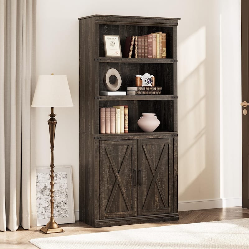 Book Shelf with Door, 5 Tier Wooden Book Case with Storage, 68.7" - Brown - 31.5inch