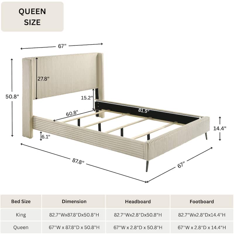 Roundhill Furniture Mavela Wide Wale Corduroy Upholstery Panel Bed, Queen Size