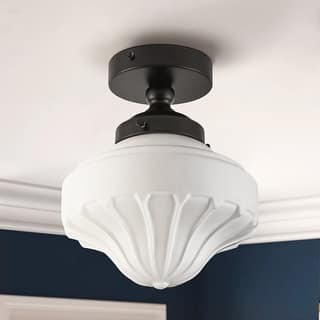 8.7 in. 1-Light Retro Black/Antique Gold Ice-Cream Shaped Semi-Flush Mount Ceiling Light with Opal Textured Glass Shade
