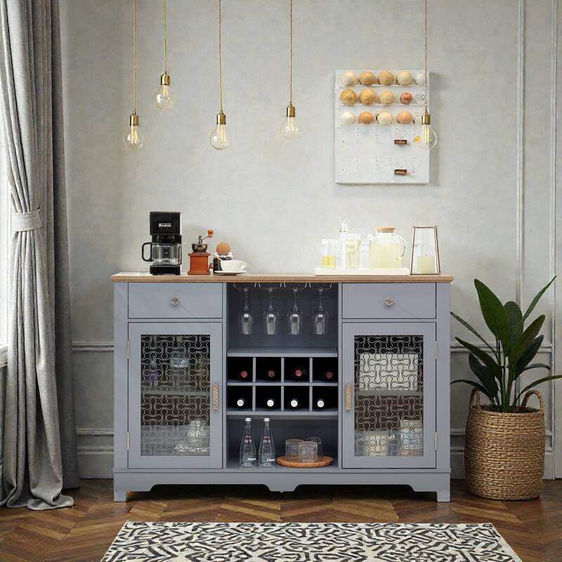 Modern Farmhouse Buffet Cabinet with Glass Doors, 2 Drawers, Wine Rack and Coffee Bar Storage, Light Blue and Light Oak
