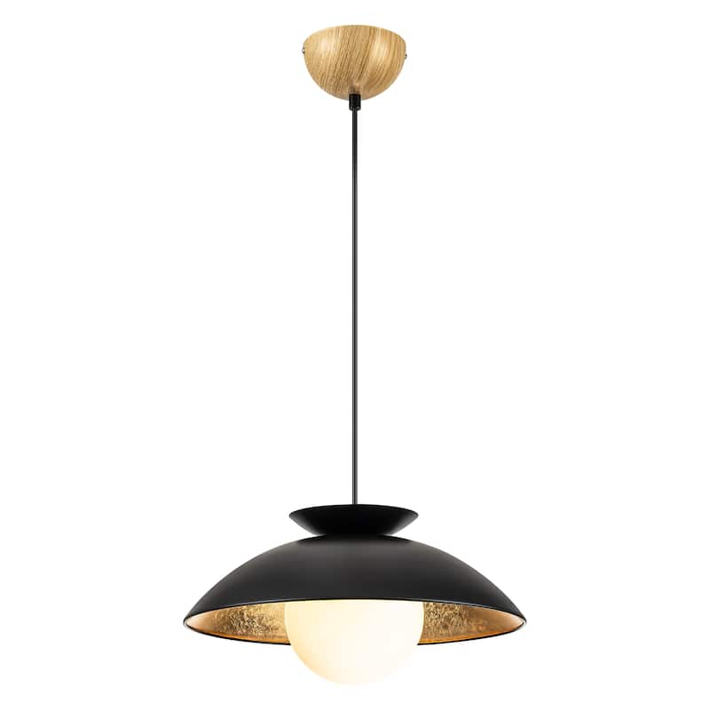 1-Light Modern Farmhouse White/ Black Dome Gold Leaf Wood Pendant with Opal Glass Globe