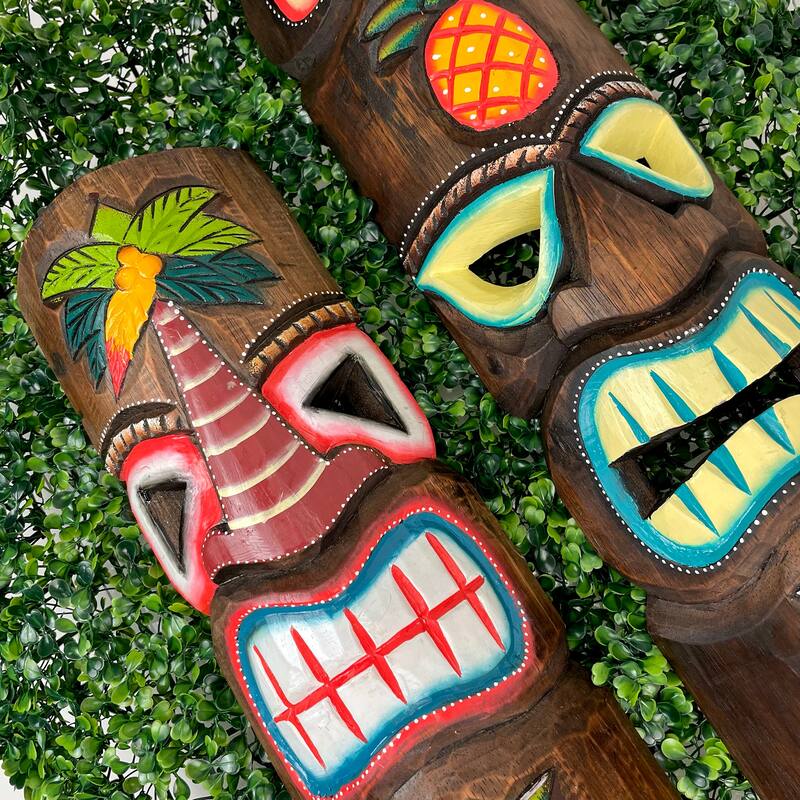Set Of 2 Triple-Faced Tiki Wall Sculptures Palm Tree, Sun & Sea