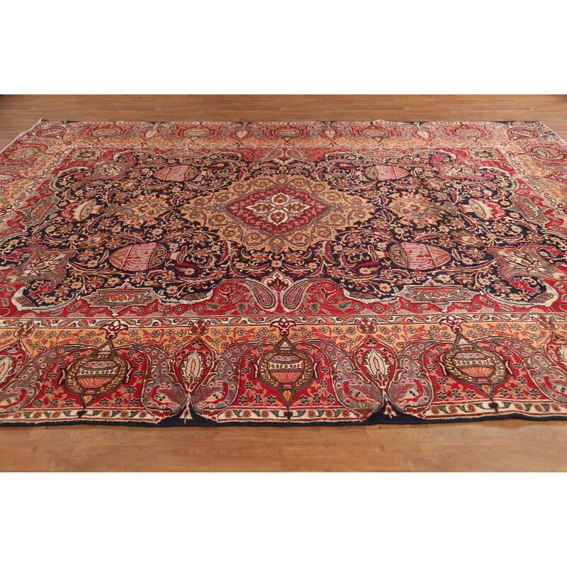 Hand Knotted Oriental 100% Wool Carpet Traditional Floral Navy Blue & Blues Kashmar Area Rug - 12' 1'' X 9' 5''