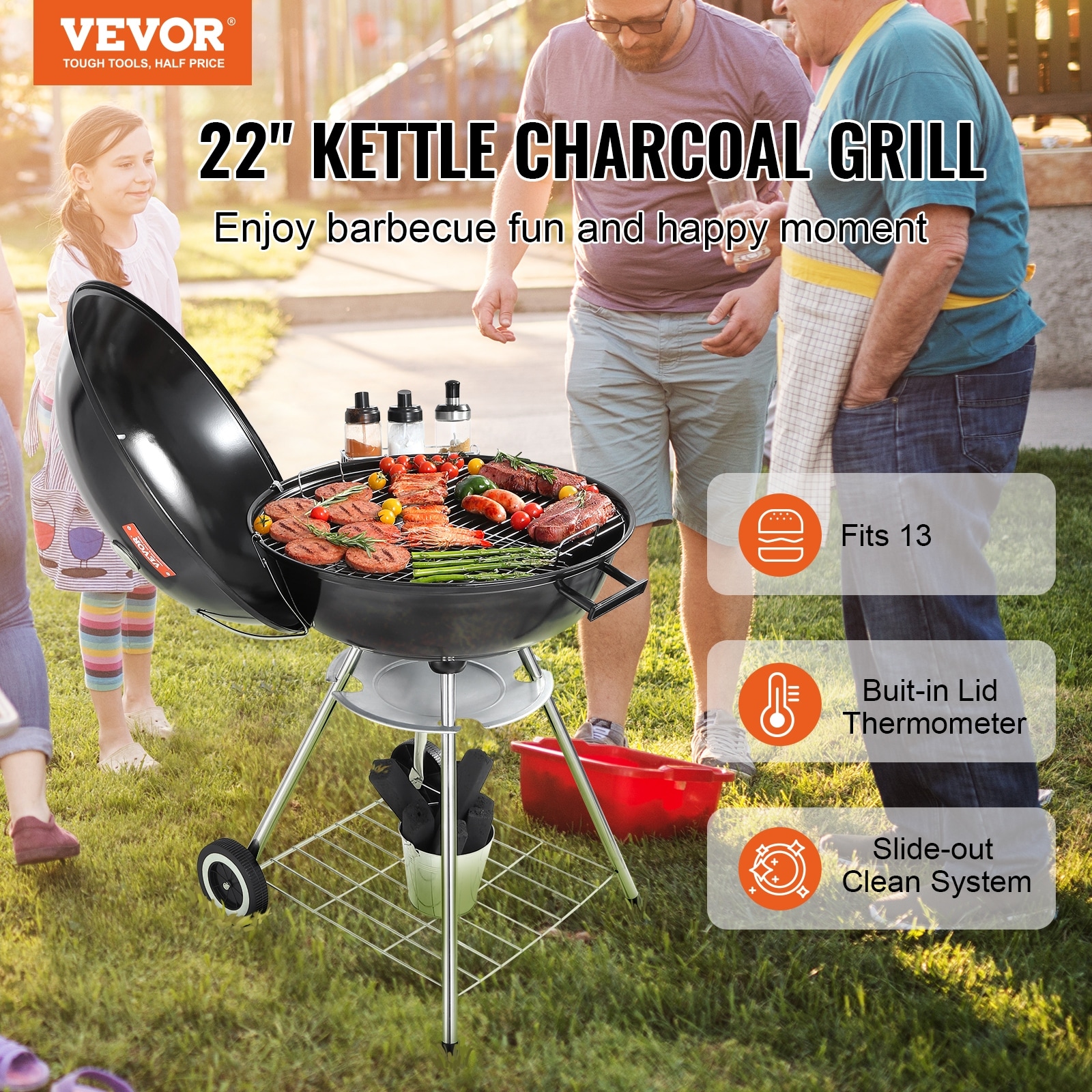 VEVOR 22 Inch Charcoal Grill Portable Charcoal Grill With Wheels For Outdoor Porcelain Enameled Lid And Ash Catcher Thermometer Round Barbecue