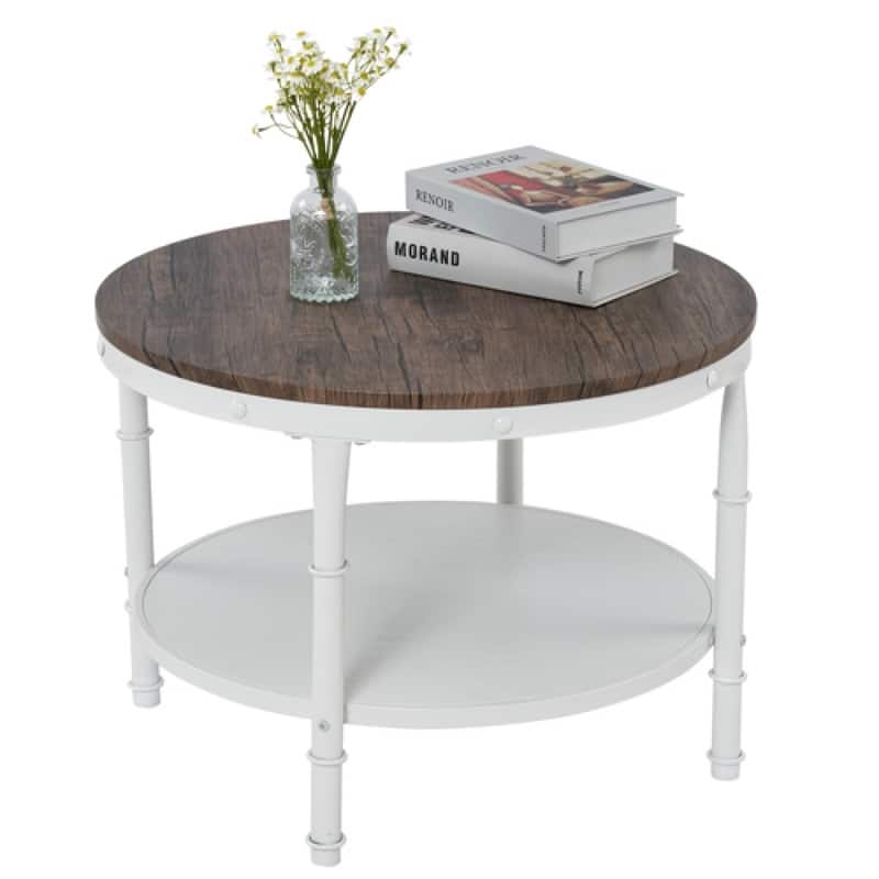 Double-layer Round Dark Walnut-colored Black-veined MDF Panel, White Wrinkled Baked Iron Frame, Industrial Style Coffee Table