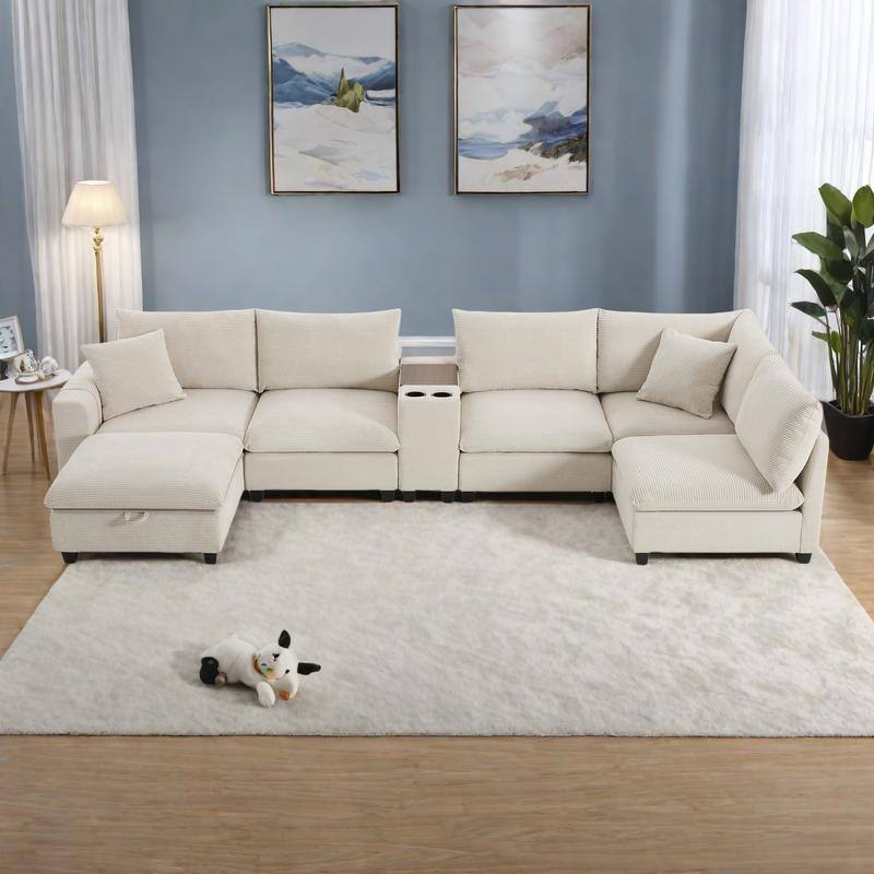 140" Corduroy U-Shaped Modular Sectional Sofa with Storage Ottoman & Console,and USB Charger, Cup Holders & 30" Wide Seats - Beige