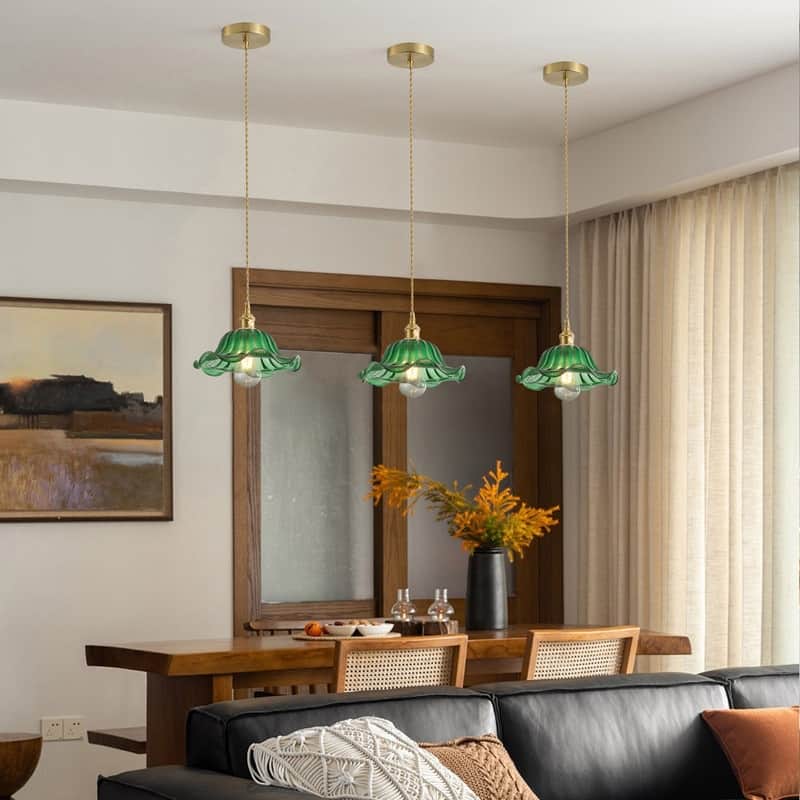 Modern 1-Light Pendant with Green Glass Shade and Brass Finish