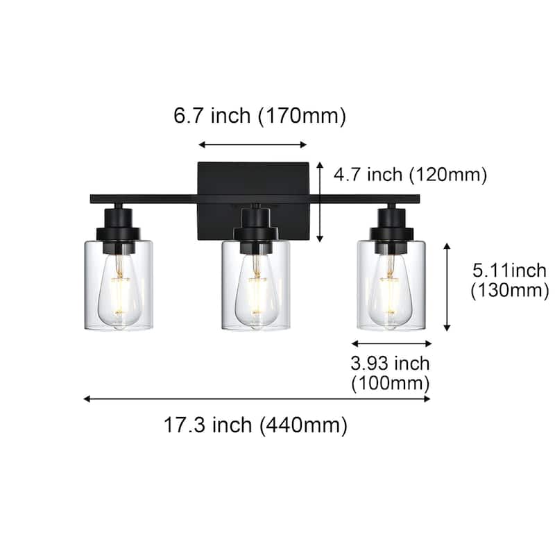 3-Light Wall Light Black Bathroom Vanity Lights, E26 Modern Bathroom Light Fixtures with Clear Glass Shade, Sconces Wall Lights
