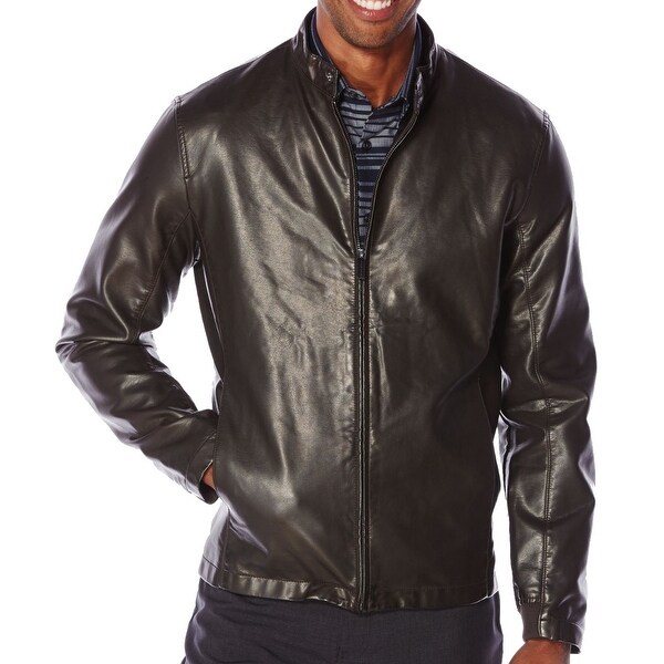 Perry Ellis Mens Snap Tab Faux-Leather Jacket