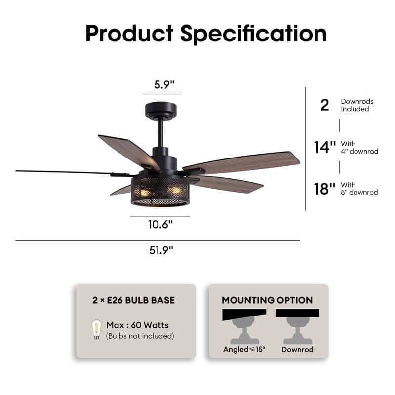 52 Inch Farmhouse Ceiling Fan with Light and Remote Black Industrial Caged Ceiling Fans Flush Mount 6-Speed Design for Bedroom