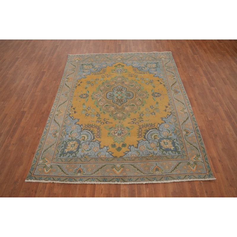 Hand Knotted Oriental 100% Wool Carpet Traditional Floral Oranges & Rust Tabriz Area Rug - 8' 7'' X 6' 6''