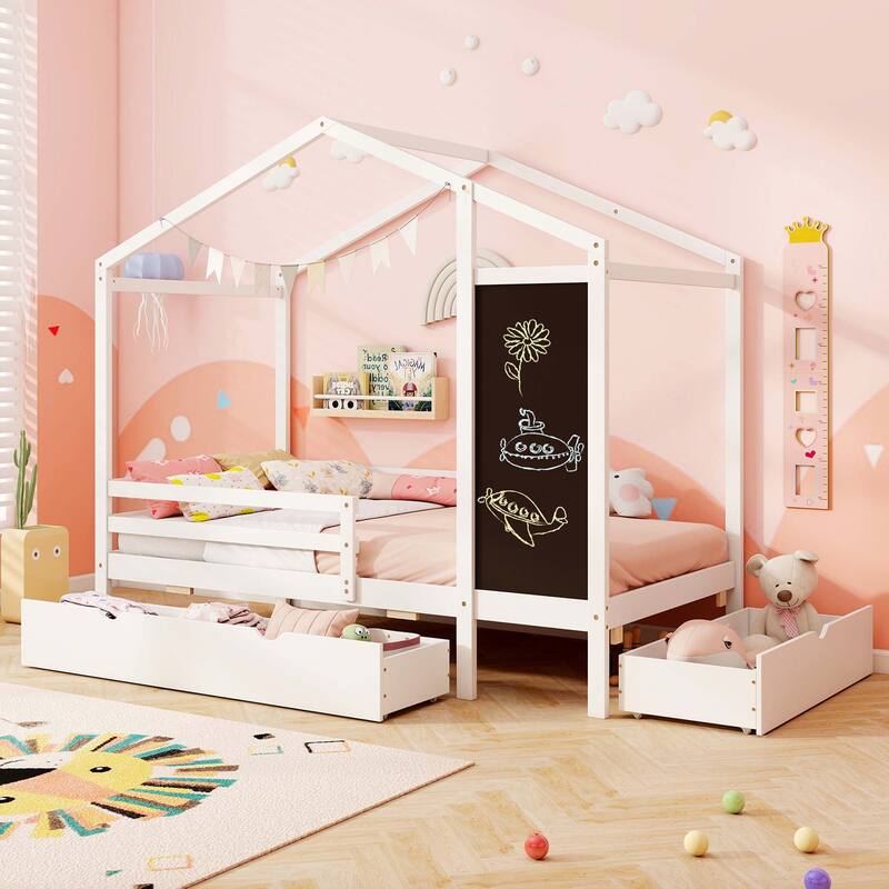 Costway Twin House Bed with 2 Storage Drawers Solid Wood Platform Bed