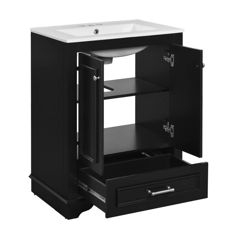 Roomfitters 24" Vanity with Ceramic Sink, Freestanding Cabinet with Silver Handles and Soft Closing Doors
