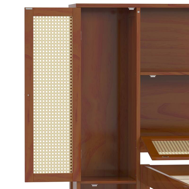 Twin Size Wooden Bed with Two Storage Lockers, Drawer, and Storage Shelf on Headboard, Platform Bed with Natural