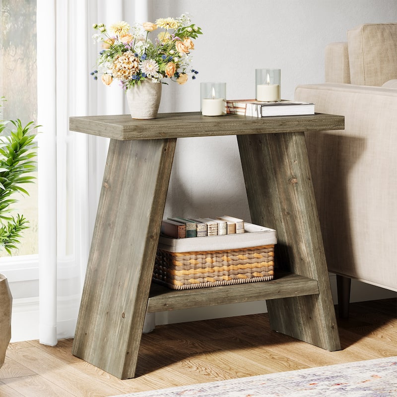 Solid Wood 2-tier Narrow Side End Table for Living Room - 11.81"D x 23.62"W x 23.62"H