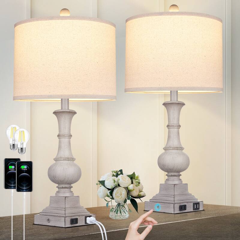 Grey Resin Table Lamps with USB & Type-C Charging Ports AC Outlet & 3-Way Dimming Switch (Set of 2) - 12'' x 12'' x 26'' (L x W x H) - Grey