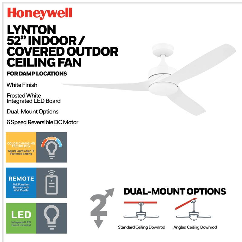 52" Honeywell Lynton White Indoor/Outdoor Damp-Rated Ceiling Fan with LED Light and Remote Control, 6-Speed BLDC Motor