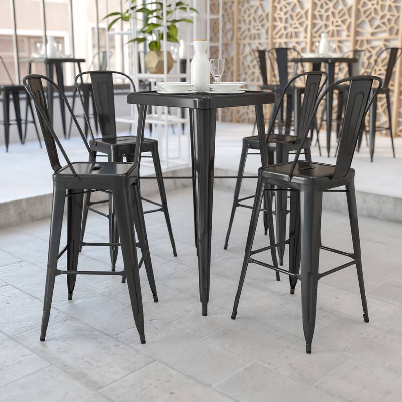 23.75'' Square Metal Indoor-Outdoor Bar Table Set with 2 Stools with Backs - 27.75"W x 27.75"D x 40"H - Black
