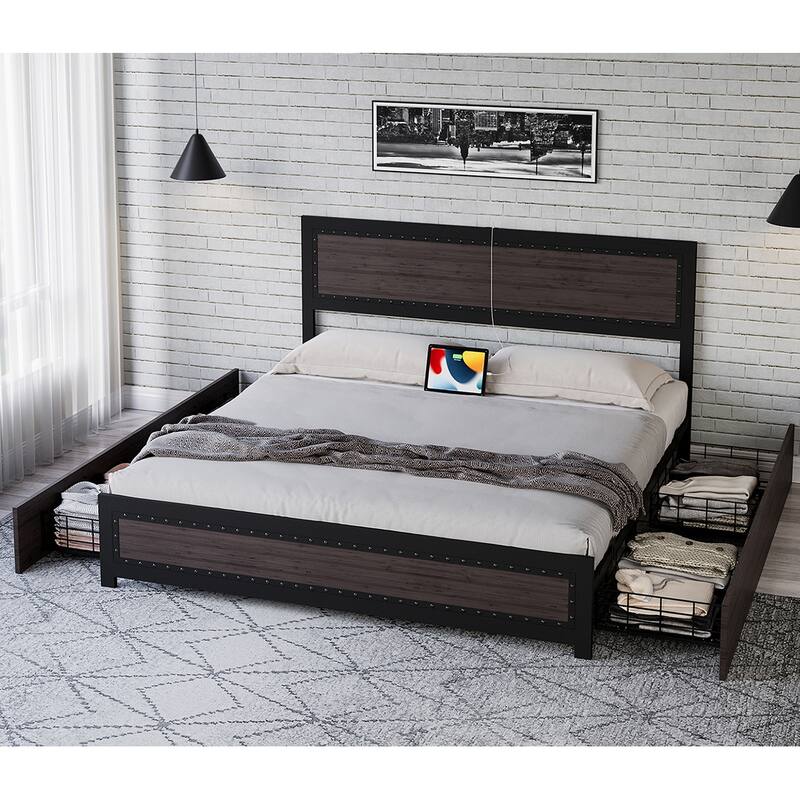 Bed Frame With 4 Storage Drawers and Charging Station