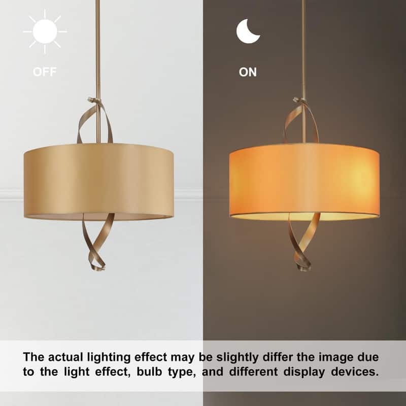 Mid-century Modern Gold Drum Chandelier Dining Room lights with Fabric Shade - D15.5"x H 23.5"