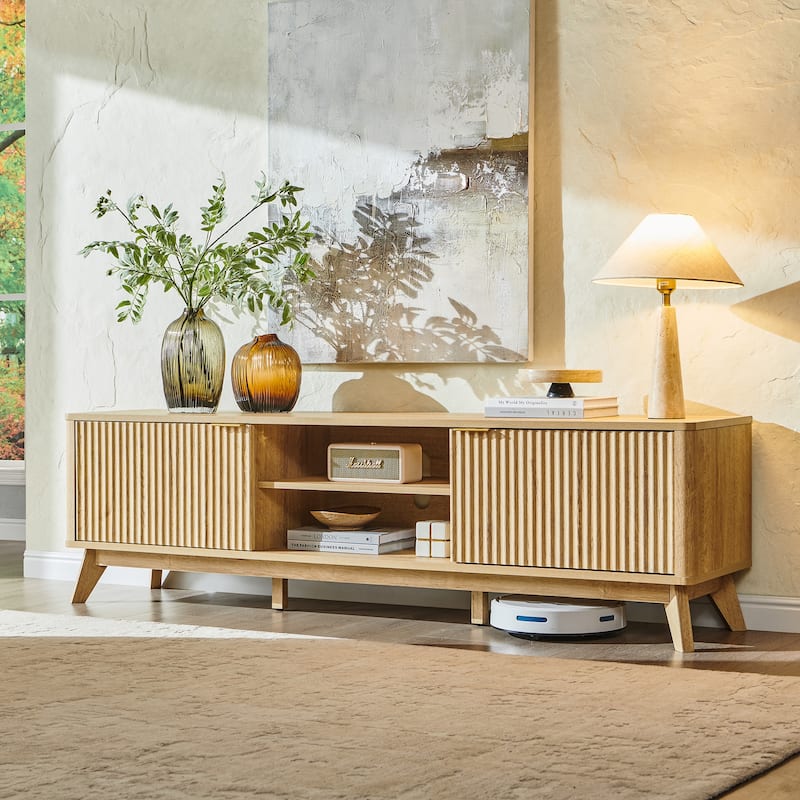 70" Modern Fluted TV Stand for Living Room, Wood Entertainment Center - Oak