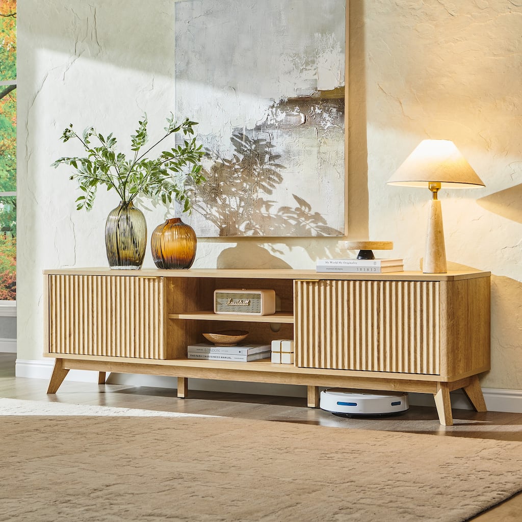 70" Modern Fluted TV Stand for Living Room, Wood Entertainment Center