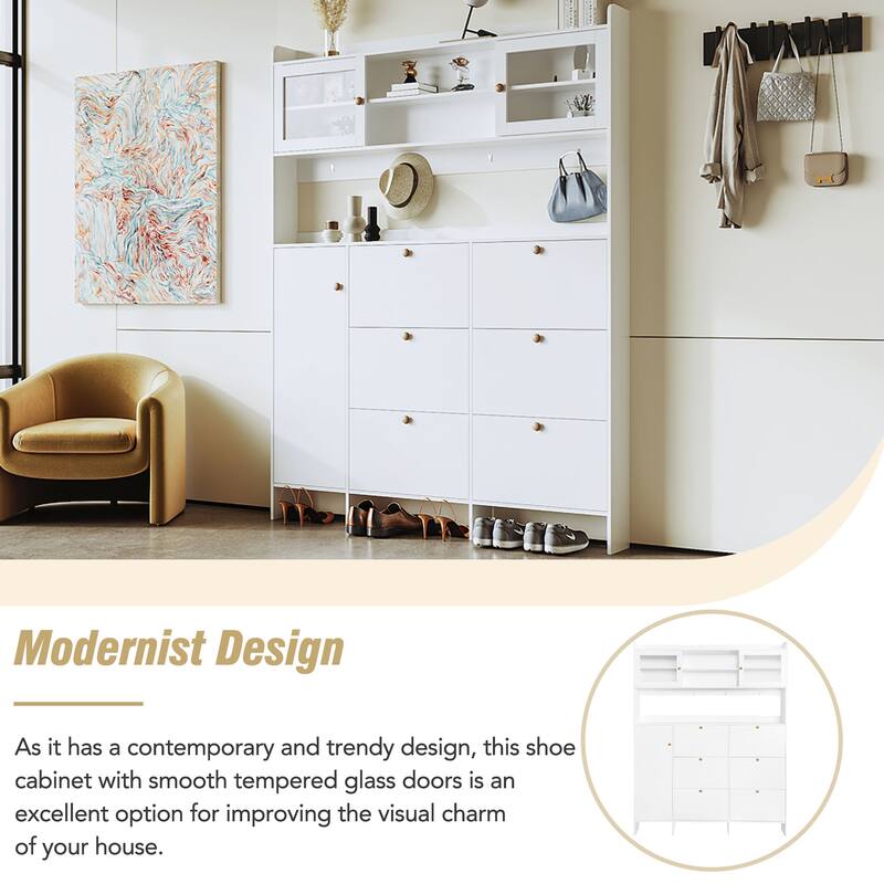 Sophisticated Shoe Cabinet with 6 Flip Drawers, 4 Hooks, Glass Doors