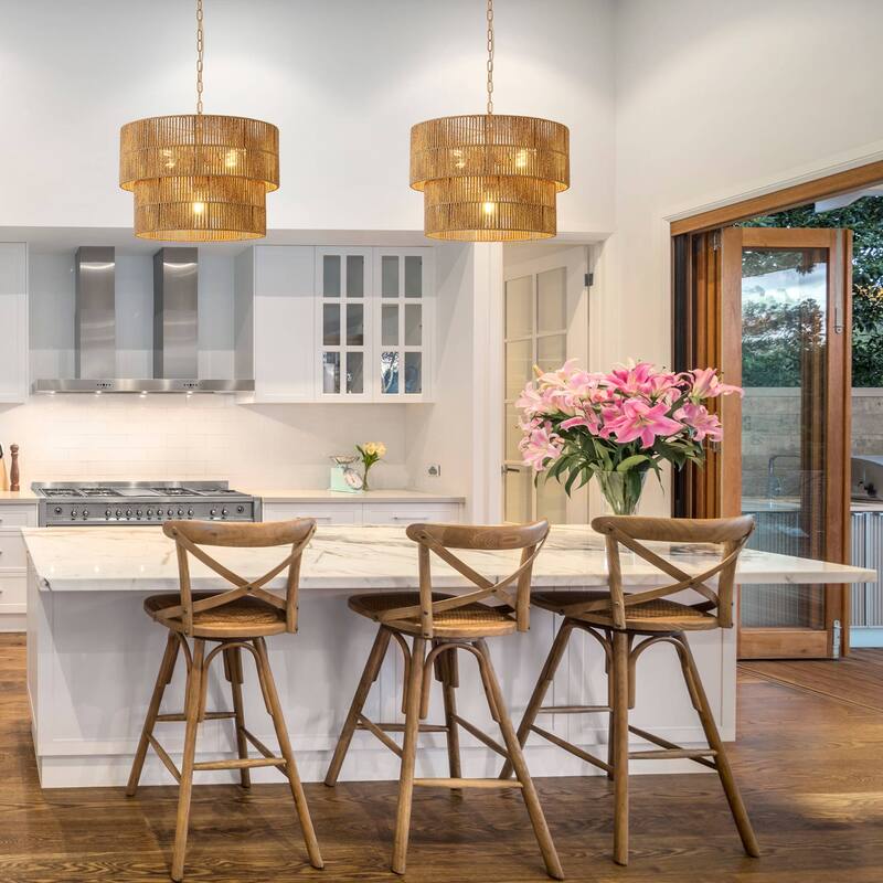 5-Light Rattan Tiered Drum Chandelier Light -21.7 in. W - 21.7 in. W