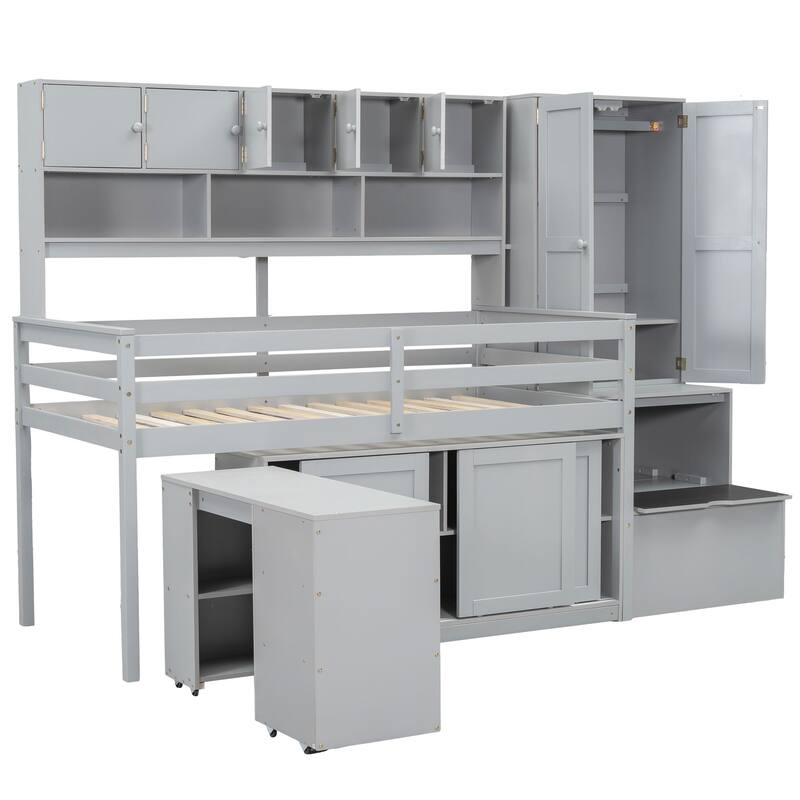 Twin Size Loft Bed with Storage, Desk, Drawers, and Shelves, Gray