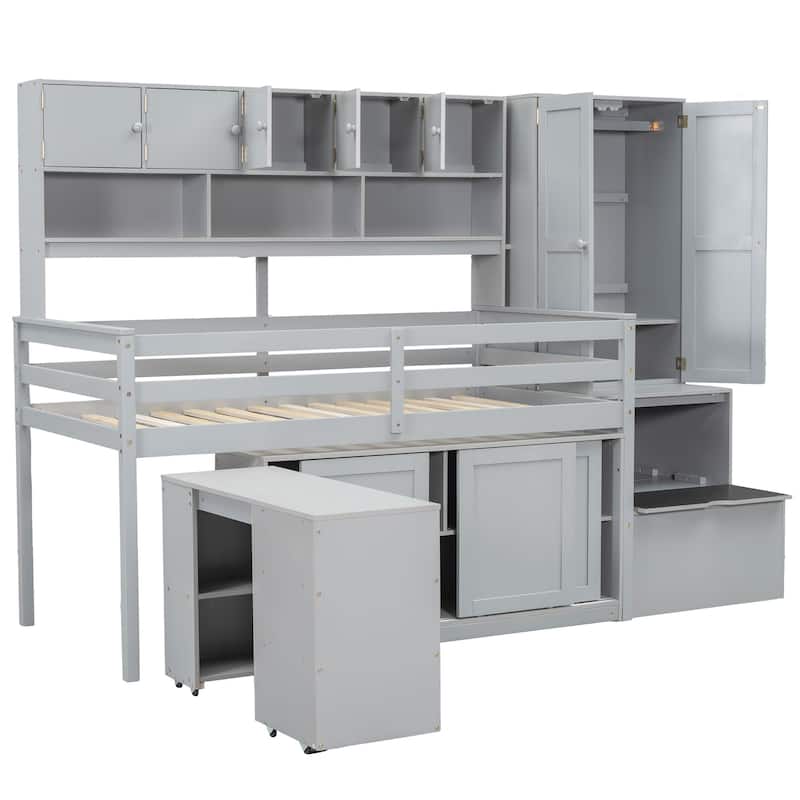 Twin Size Wooden Loft Bed Big Storage with Under-bed Desk, with Drawers, with Shelves, Gray