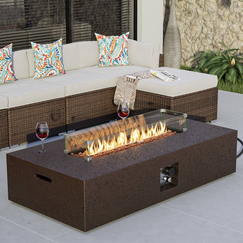 COSIEST Outdoor Patio Propane Rectangular Fire Pit Table w/ Wind Guard - Stone Brown