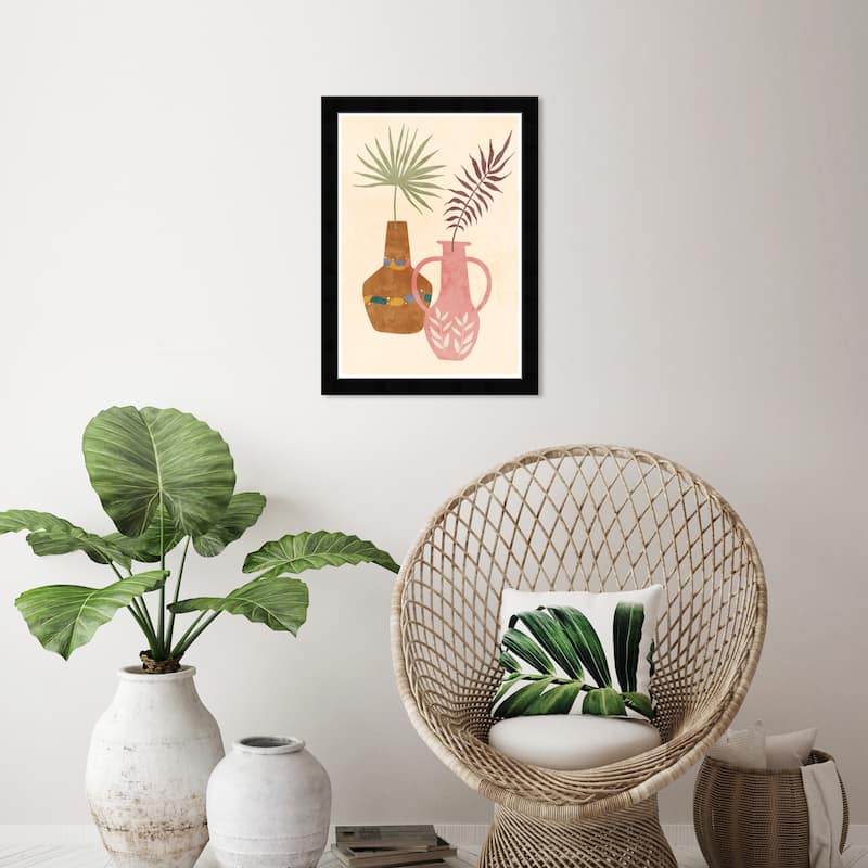 "Minimalist Pots", Boho Pattern Plant Pots Modern & Contemporary Pink Framed Wall Art Print for Dining Room