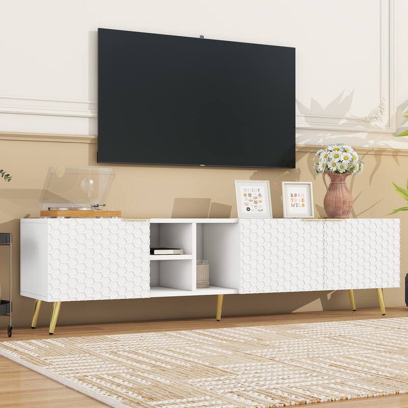 71" Minimalist TV Cabinet with Geometric Honeycomb Pattern - Gold Accents, Cable Management, Storage