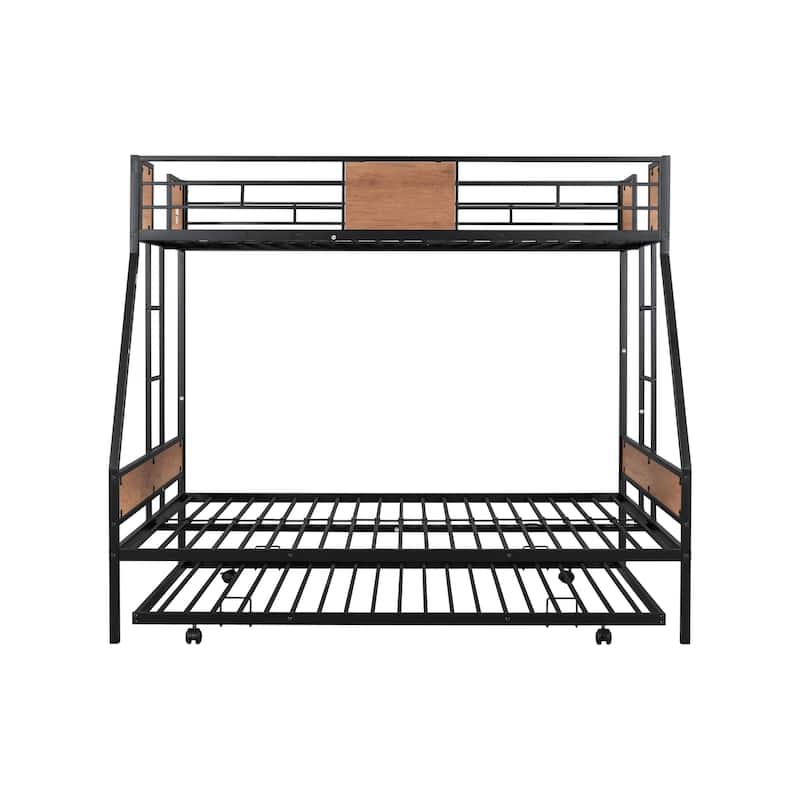 Twin over Full Size Metal Bunk Bed with Trundle, Heavy-duty Sturdy Metal, Noise Reduced, Safety Guardrail, Wooden Decoration