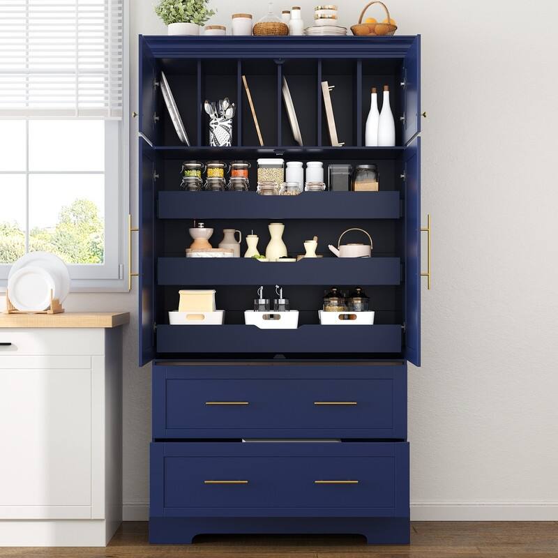 Farmhouse 72.6" Tall Kitchen Pantry with 4 Doors Storage Cabinet , 2 Drawers and Pull-out Trays for Cake Pan Storage Organizer