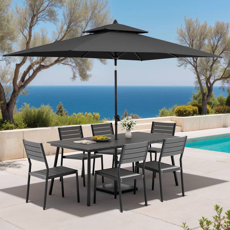 9PC Outdoor Patio Dining Set Aluminum Table with Stackable Chairs w/ Market Umbrella Set - GreyTable&GreyChairs&BlackUmbrella
