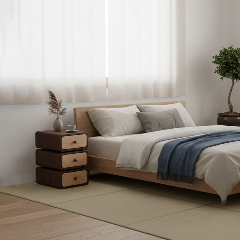 3-Tier Solid Wood Nightstand with Swivel Drawers