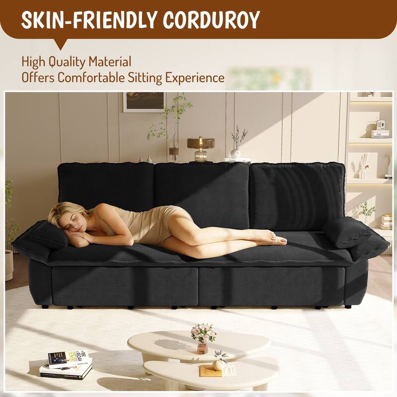 94.5" Corduroy Sofa Bed, 3-in-1 Convertible Sleeper Sofa Couch, Pull Out Sofa Bed, Space-Saving Upholstered Sofa