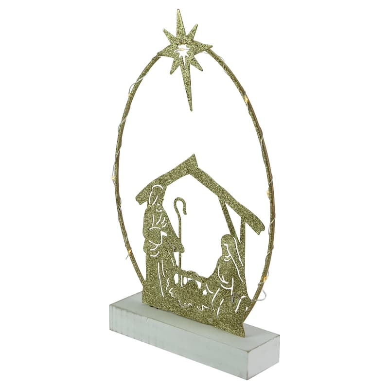 14" LED Golden Glitter Holy Family Nativity Scene Christmas Decoration